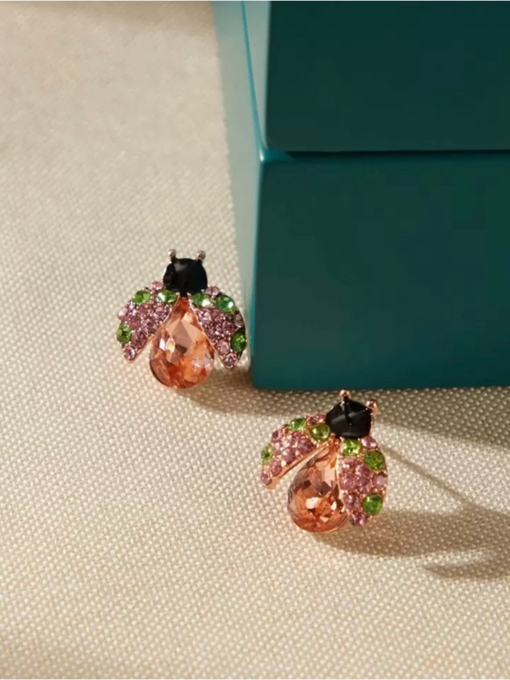 🌺 New Crystal Bee Stud Earrings in Peach, Pink & Green